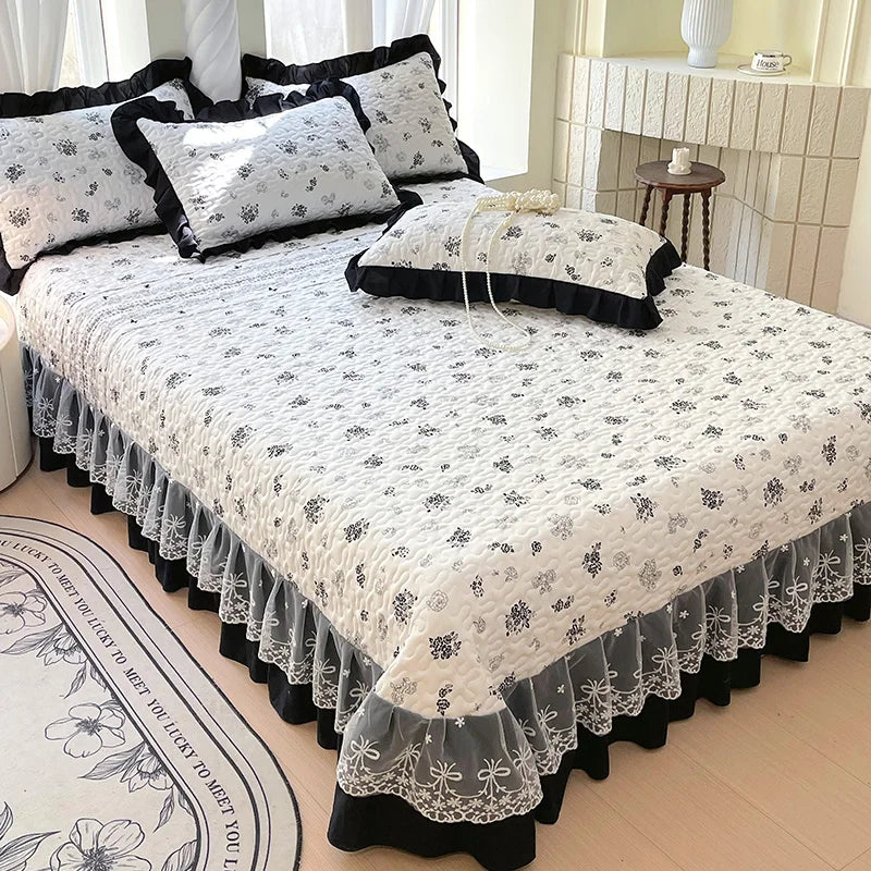 1pc Quilted Bedspread for Beds Thick Blanket with Lace Single/Queen/King Size Flower Printed Quilted Bed Cover Soft Bedspreads