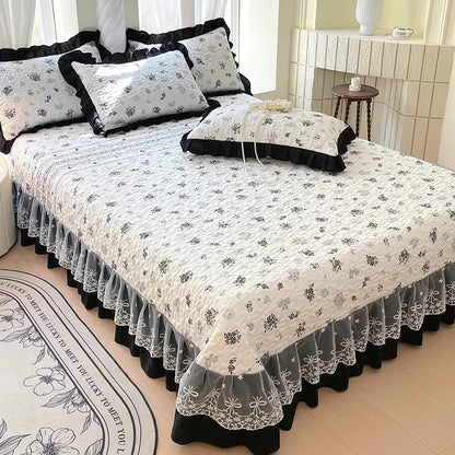 1pc Quilted Bedspread for Beds Thick Blanket with Lace Single/Queen/King Size Flower Printed Quilted Bed Cover Soft Bedspreads