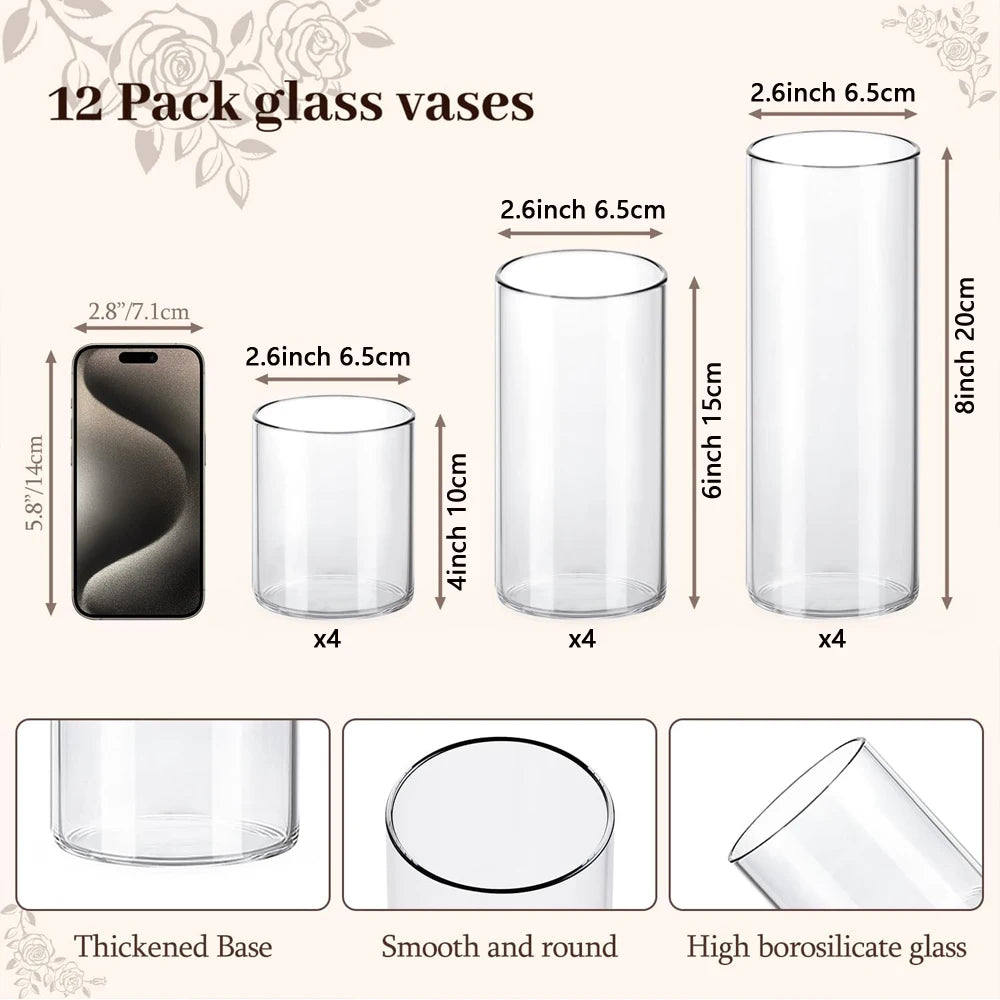 Glass Cylinder Vases 4/6/8 Inch Tall Clear Vases for Centerpieces Weeding Decoration, Clear Glass Flower Vases Hurricane
