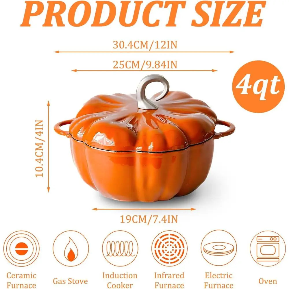 4-Quart Pumpkin Cocotte, Enameled Cast Iron Dutch Oven with Lid, Perfect for Soups and Holiday Meals, Suitable for 3-5 People, I