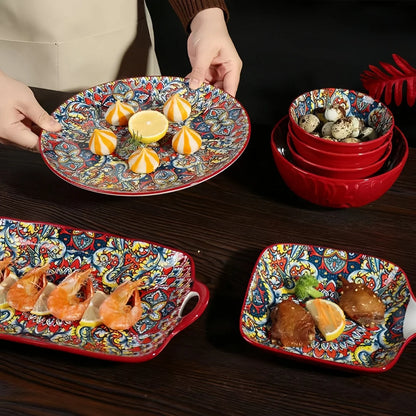 Bohemian ceramic dishes and cutlery 8-piece set household good-looking rice bowl double-ear soup basin exquisite noodle bowl