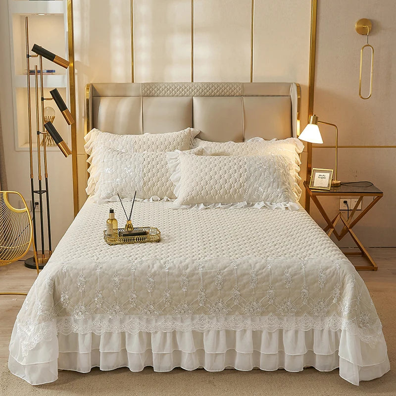 Solid Color Thicked Quilted lace Bed Skirt European Style 245x250cm Coverlet Bed Cover Bed Linen Solid Color King Queen Size