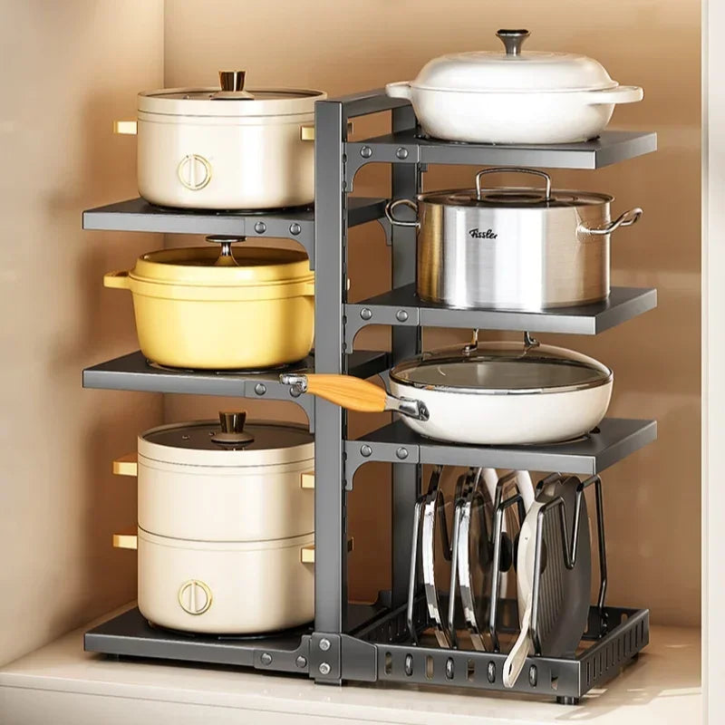 Multilayer Kitchen Under Sink Pot Holder Adjustable Frying Pan Rice Cooker Seasoning Storage Rack Metal Organizer Pot Rack