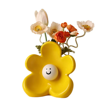 Flower Smiling Face Flower Arrangement Cute Ceramic Vase Decorative Table Dried Flower Vase Ornaments Home Decoration Vases