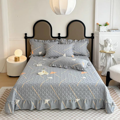 Bonenjoy Bedspread Quilted Bed Cover Ruffles Mattress Protector Thicken Bed Linen Printed Sheets colchas (Pillowcase Need Order)