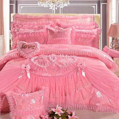 Red Jacquard Satin Cotton Bedding Set Luxury Heart-shaped Lace Princess Wedding Duvet Cover Bed Sheet Bedspread Pillowcases