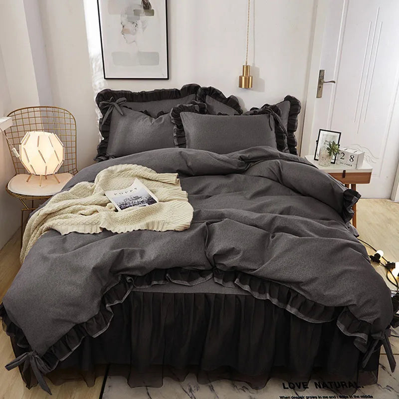 Korean Bed Skirt Bedding Sets with Ruffled Edges Thickened Princess Brushed Quilt Kit Solid Skin-Friendly Breathable Bedclothes