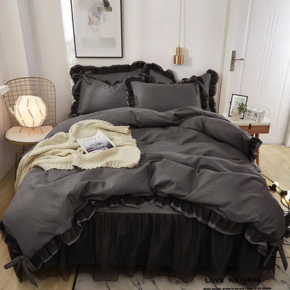 Korean Bed Skirt Bedding Sets with Ruffled Edges Thickened Princess Brushed Quilt Kit Solid Skin-Friendly Breathable Bedclothes
