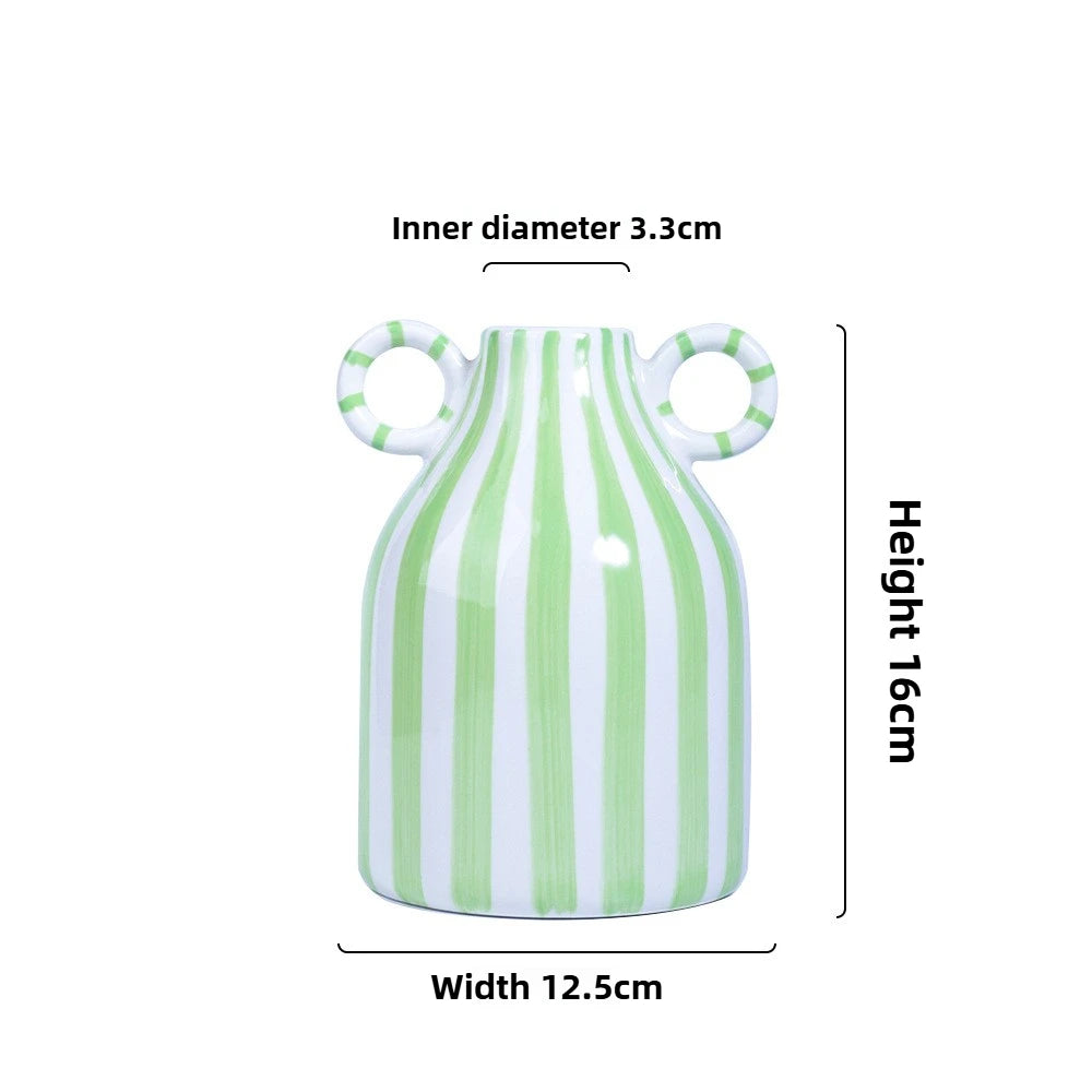 Nordic Ins Style Striped Double Ear Ceramic Vase Hydroponic Flower Planter Ornament