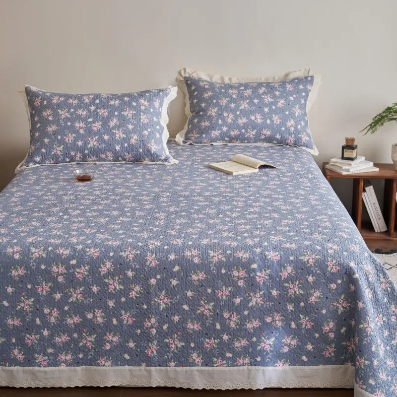Flower Printed Bed Cover with Lace French Style Washed Cotton Bedspreads Quilted cobre leito de casal Comfortable and Soft 이불패드