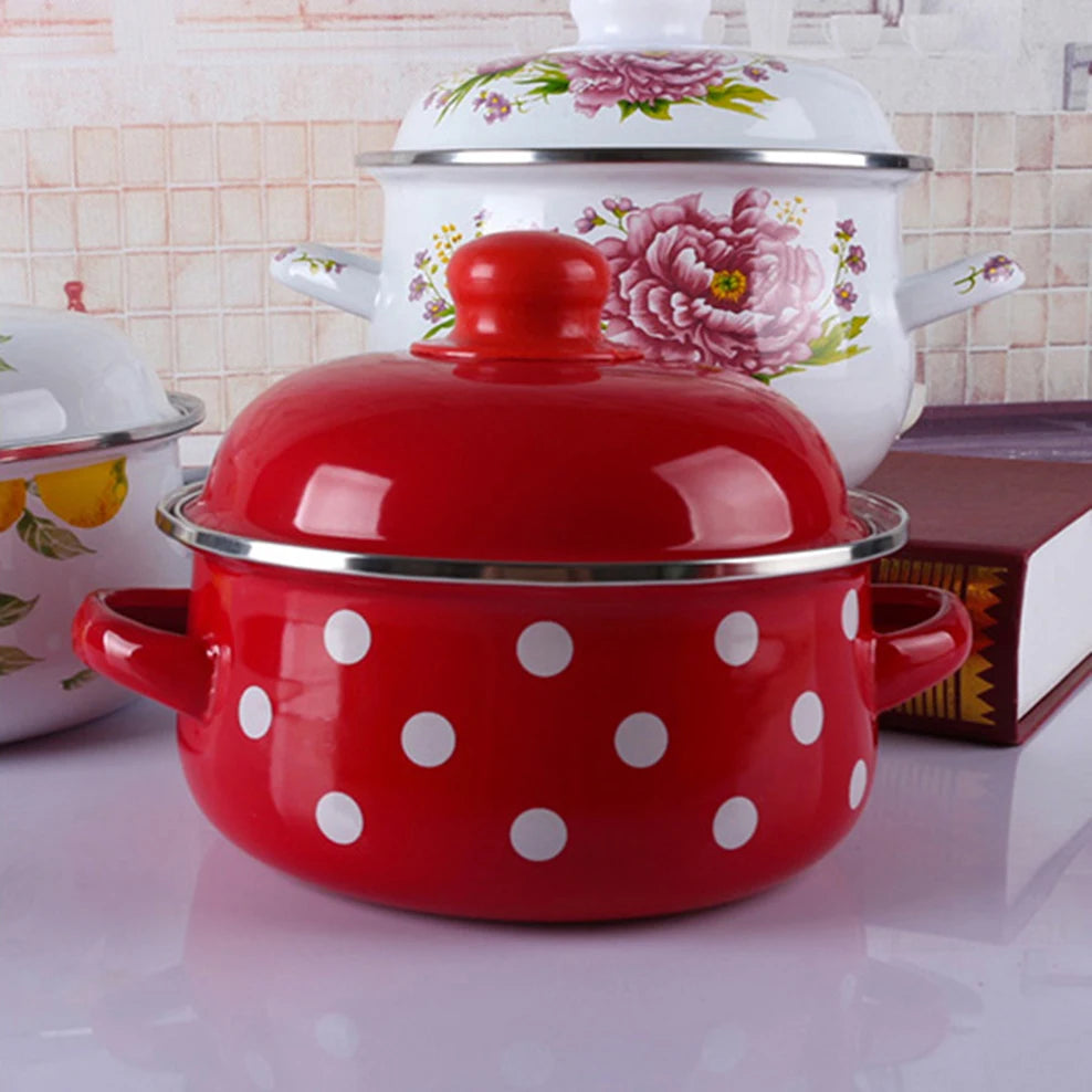 16/18/20CM Double Ears Speckled Stew Pot  Porcelain Enameled Soup Bowl With Lid Instant Noodle Bowl Induction Cooker Pot