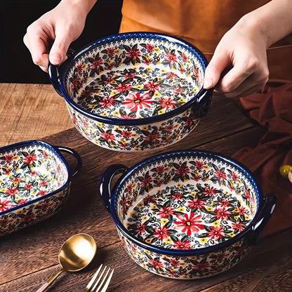 3-Piece Ceramic Baking Dish Set, Hand-Painted Floral Embossed Design, Oven & Microwave Safe Casserole for Cooking, Serving, Sala