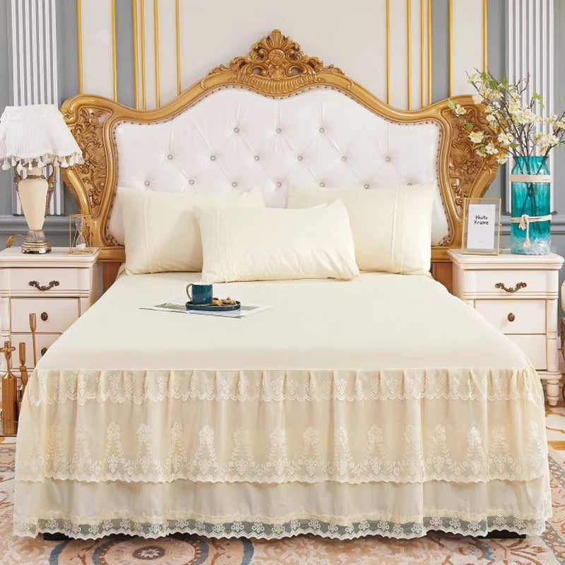 New 3 Layers Bed Skirt Lace Ruffled Bed Skirt Couvre Lit Bedroom Bed Cover Bed Skirt Non-slip Mattress Cover Bedsheet Bedspread