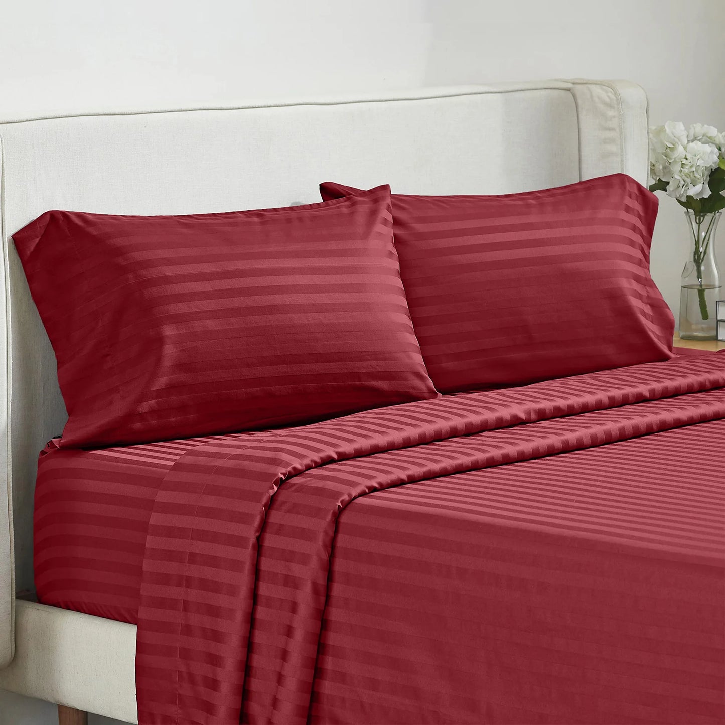 Battilo Bed Sheets 4 Pieces Set Luxury Fitted Flat Sheet with Pillowcases Solid Stripe Bedding Set For Twin Full Queen King Size