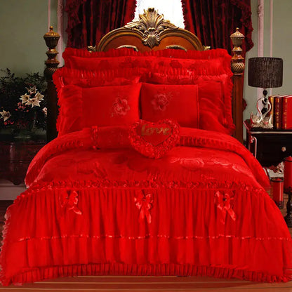 4/6/8pcs Red Pink Lace Princess Bedding Set Luxury Girls Wedding Bed Set Quilt Cover Bed Sheets Queen King Size 2025 New Design
