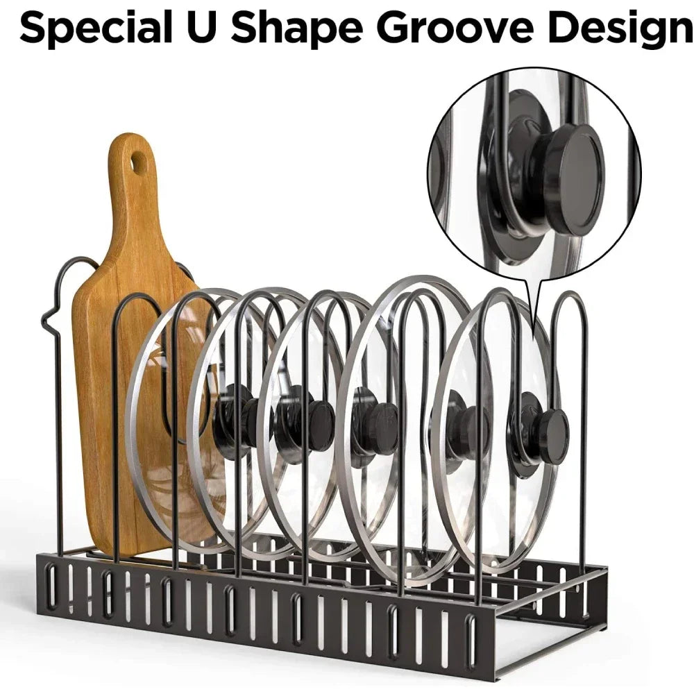 5/8 Tiers Adjustable Pots and Pans Organizer Rack 3 DIY Methods Heavy Duty Metal Pans Pots Lids Storage Holder Rack for Kitchen