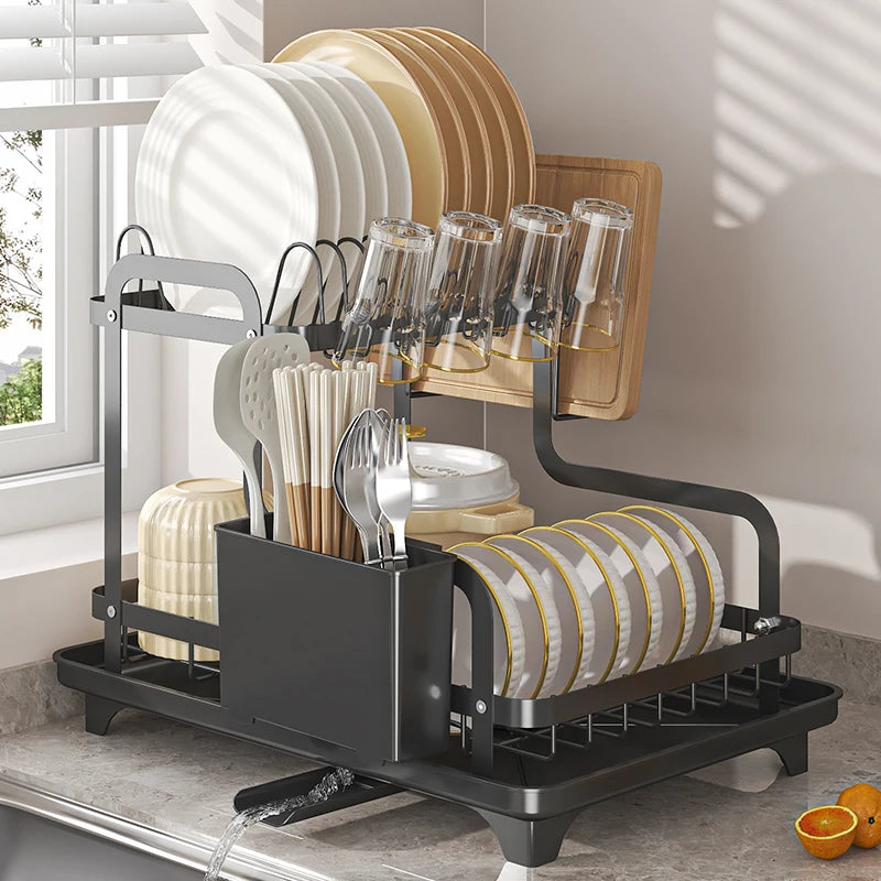 Dish Drying Rack, 2 Tier Over The Sink Dishrack Strainer,Large Capacity W/Drainboard and Utensil Holder,Auto-draining,Non-Slip