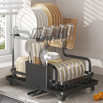 Dish Drying Rack, 2 Tier Over The Sink Dishrack Strainer,Large Capacity W/Drainboard and Utensil Holder,Auto-draining,Non-Slip