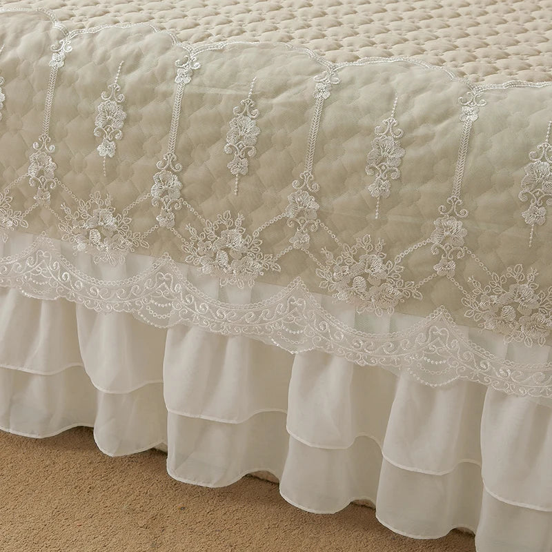 Solid Color Thicked Quilted lace Bed Skirt European Style 245x250cm Coverlet Bed Cover Bed Linen Solid Color King Queen Size