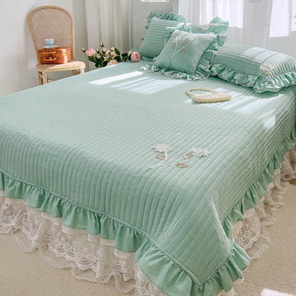 Elegant Handmade Flowers Quilted Washed Cotton Lace Princess Bedspread Coverlet Queen Double Mattress Cover Bed Sheet Quilts