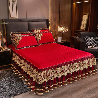 Gold Embroidery Velvet Quilted Thicken Bedspread Queen King Size Soft Warm Lace Ruffle Bed Skirt 2 Pillowcases 200x220 Green