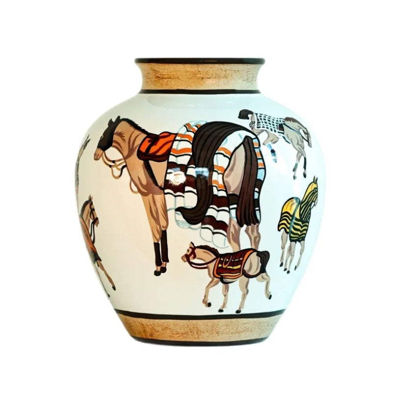 Ceramic Vase Hand-painted Horse Pattern Chinese-style Retro Bottle Flowerpot Porcelain Handicrafts Home Decoration Terrarium
