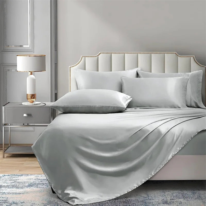 Mulberry Silk Bed Sheet Set with Fitted Sheet Flat Sheets Pillowcase Luxury Solid Color Bedding Sets Wrinkle-Free Antiallergic