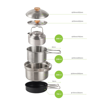 Camping Cookware Set Outdoor Picnic Cookware Kit Stainless Steel Pot Frying Pan Kettle Set Travel Cooking Accessory