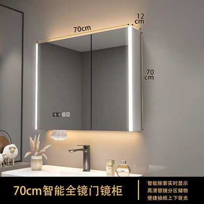 Bathroom Furniture Mirror Cabinet Modern Solid Wood Bathroom Smart with Light Defogging Beauty Mirror with Storage Locker