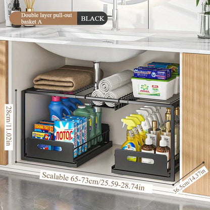 Double layered storage rack under sink - adjustable sliding rail with wire sliding pull, can store more things and save space